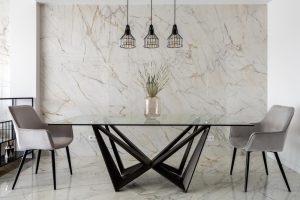 Different types of wall panels featuring marble panel dining backdrop 