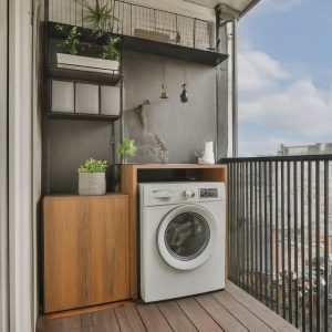 Dry balcony storage ideas with washing area in balcony India