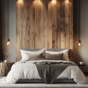 Rustic wooden bed headboard design with modern cushion backrest ideas 