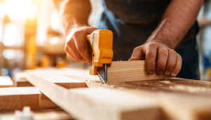 Local carpenter carving wood, a task not for interior designers