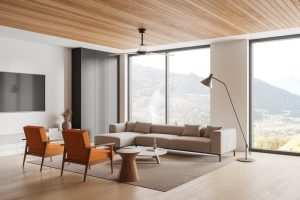 Simple ceiling design for small house with modern wooden false ceiling