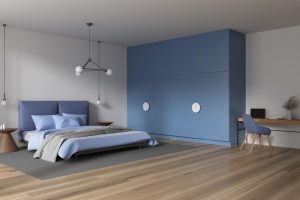 Blue corner wardrobe design with cupboard for small modern bedroom 