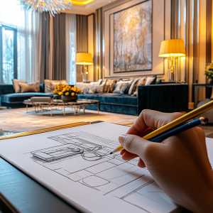 Interior designer sketching modern living room, not local carpenter