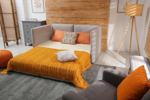 Compact pull out bed design for small stylish living room