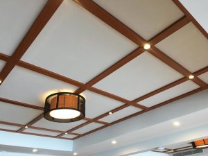 Simple hall POP design with wooden false ceiling and lighting