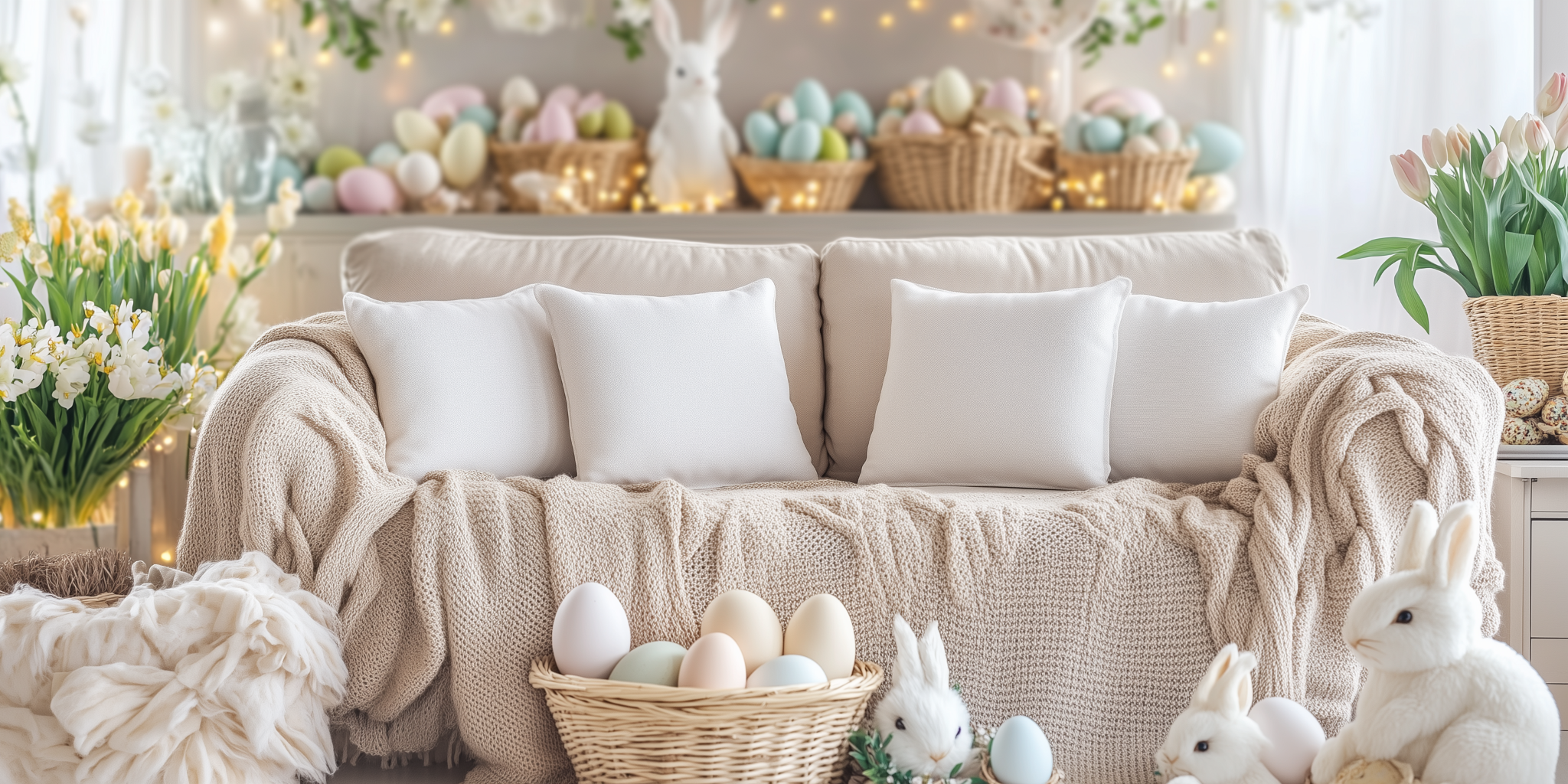 Cozy Easter home decor with farmhouse style and homemade decorations 