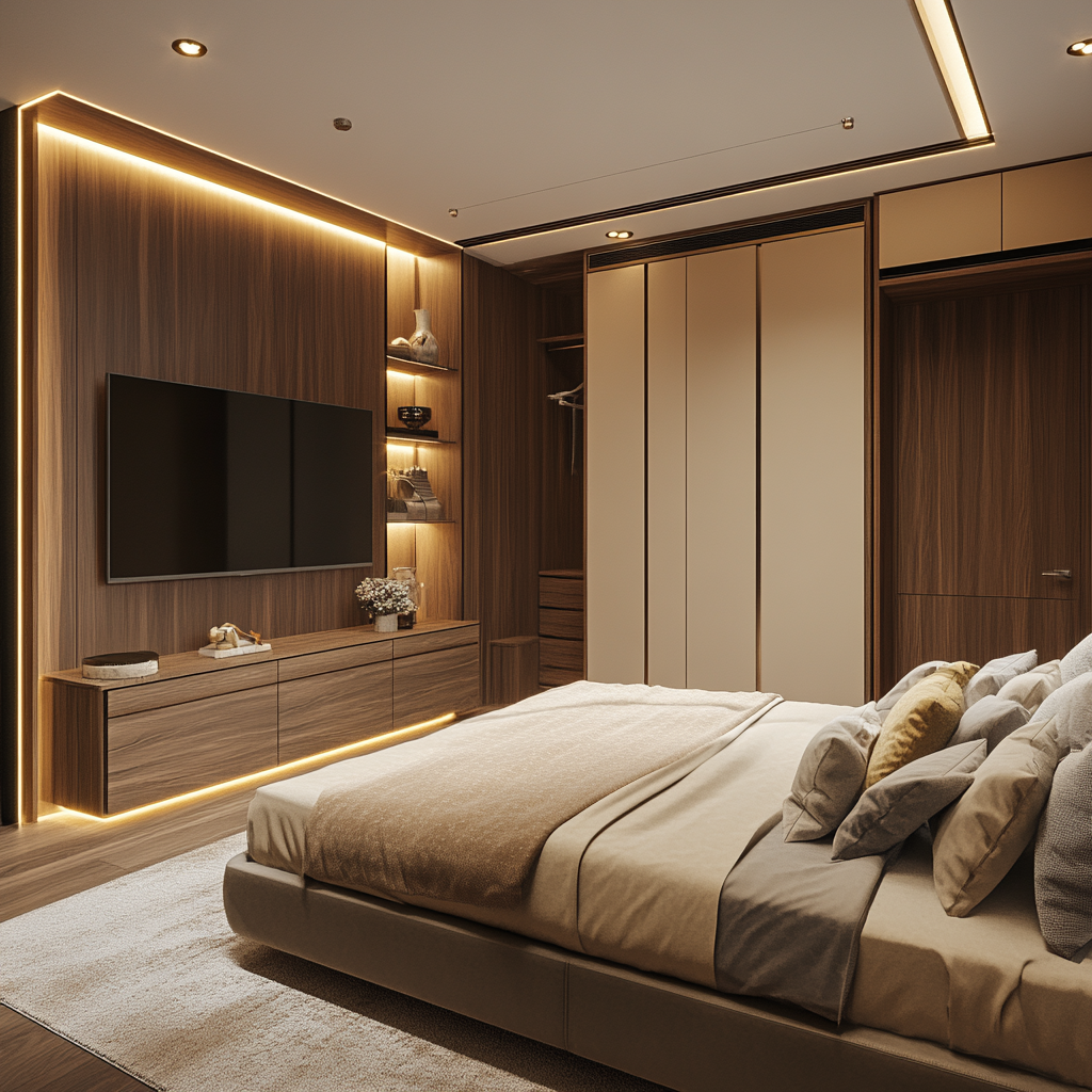 Modern simple TV unit design for small Indian bedroom