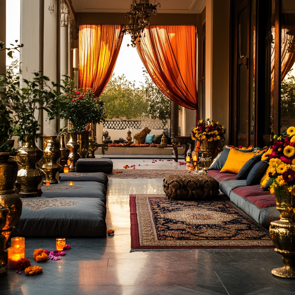 Traditional Holi home decoration ideas with vibrant festive party setup