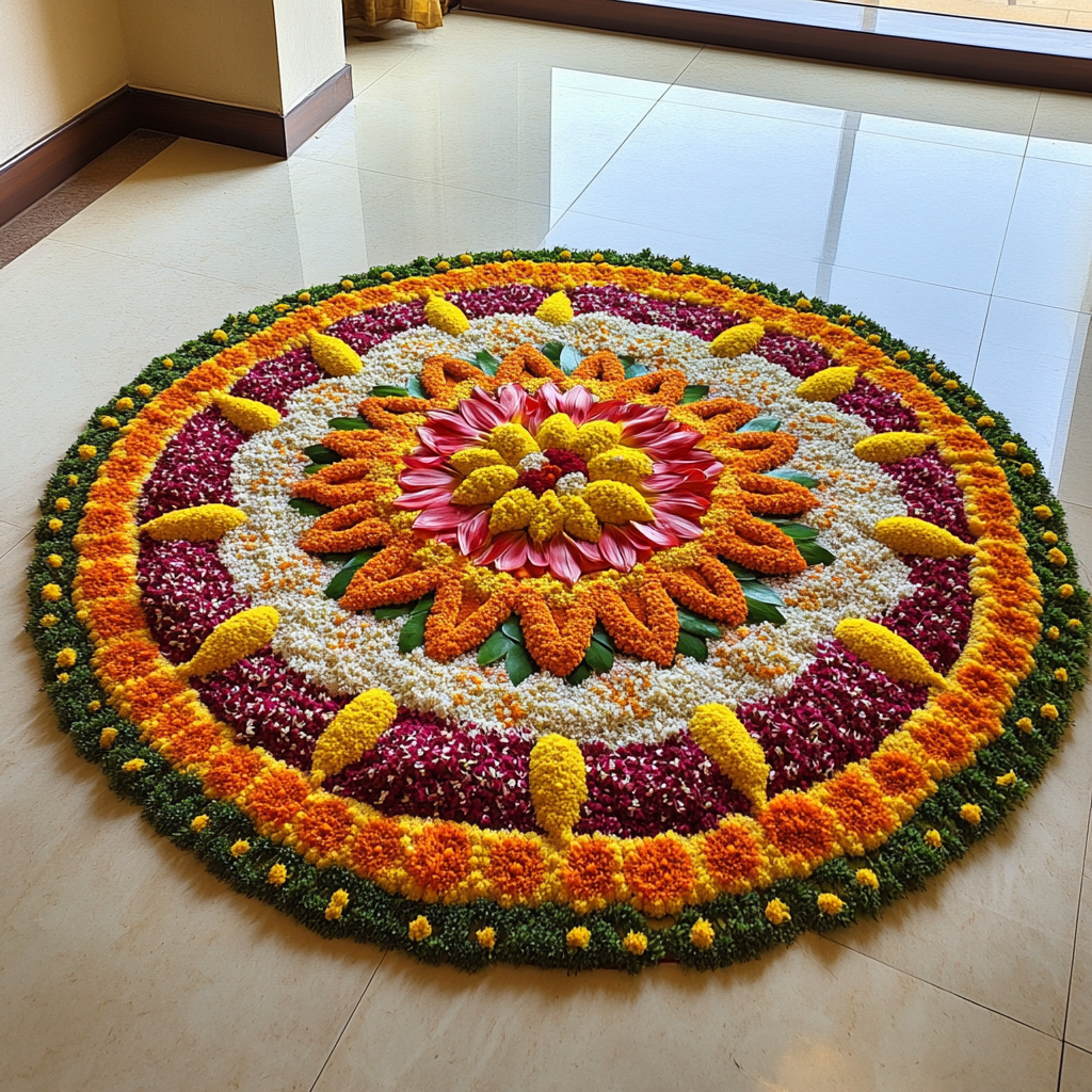 Colorful Ugadi decoration ideas with flower rangoli for pooja setup