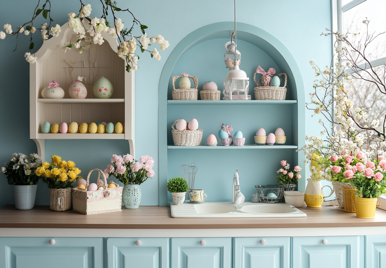 Pastel Easter home decor ideas with farmhouse and homemade decorations 