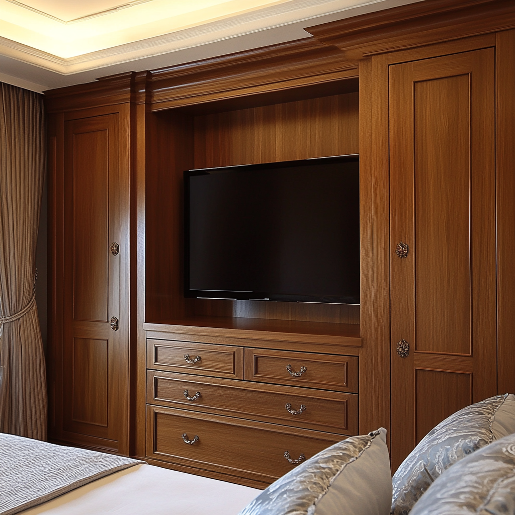 Classic wooden TV cabinet design for Indian master bedroom style