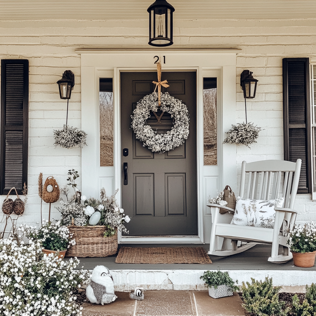 Farmhouse Easter decor with homemade Easter decorations for front porch 