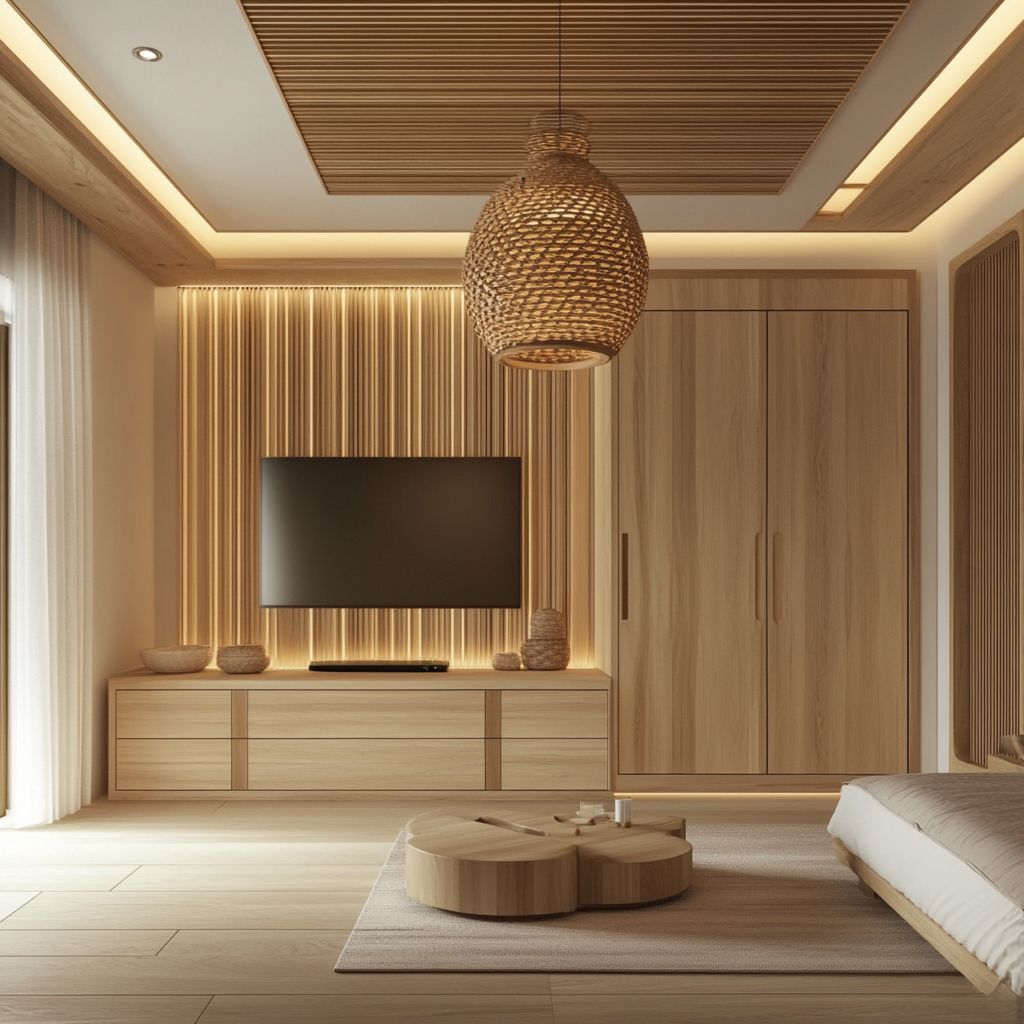 Minimalist wooden TV unit design for small Indian bedroom