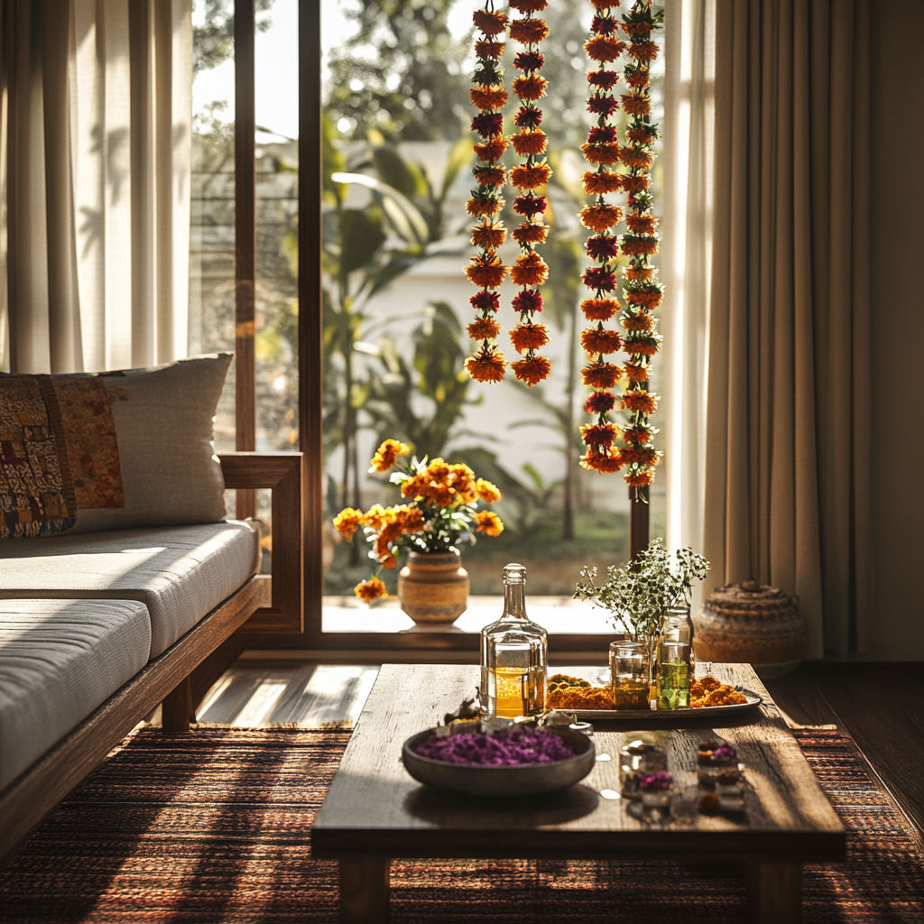 Holi home decoration ideas with marigold flowers and festive setup