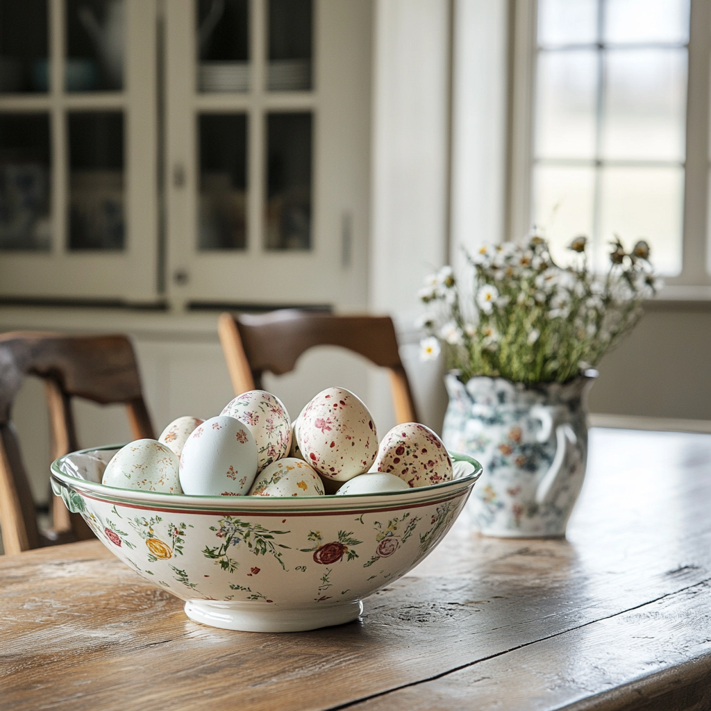 Farmhouse Easter decor with homemade Easter decorations and table centerpiece 