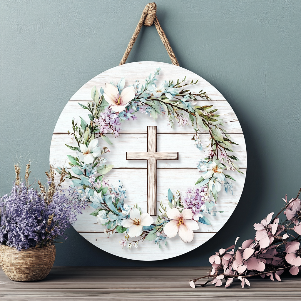 Farmhouse Easter decor with floral cross and homemade home decorations 