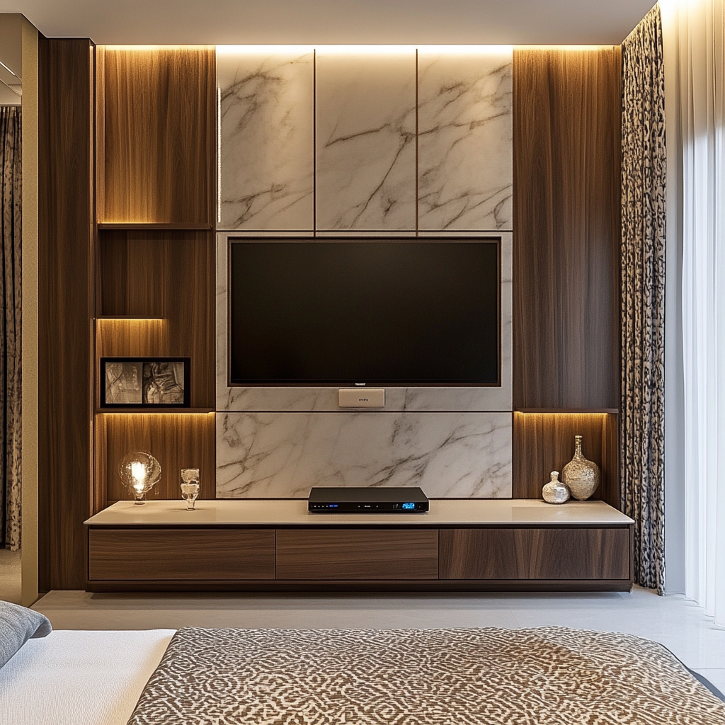 Luxurious marble TV cabinet design for Indian master bedroom