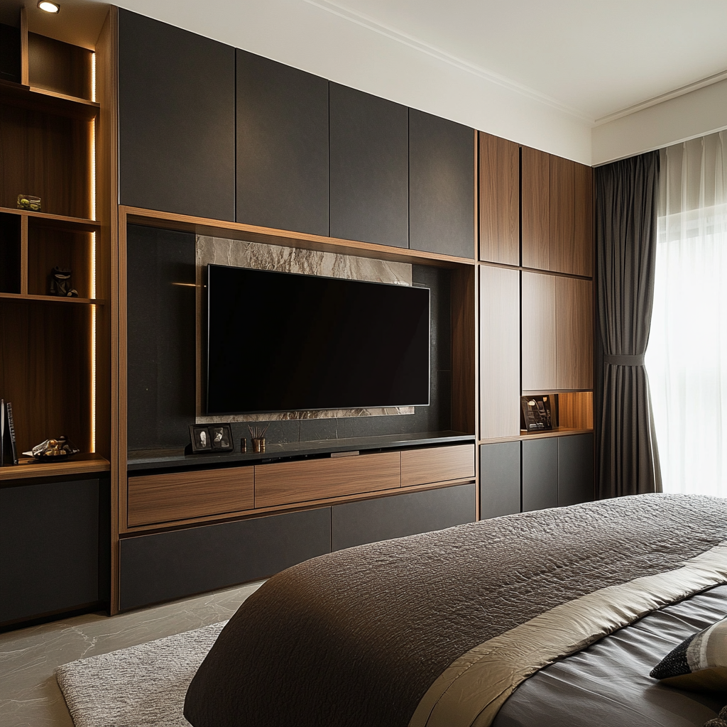 Modern black and wood TV cabinet design for master bedroom
