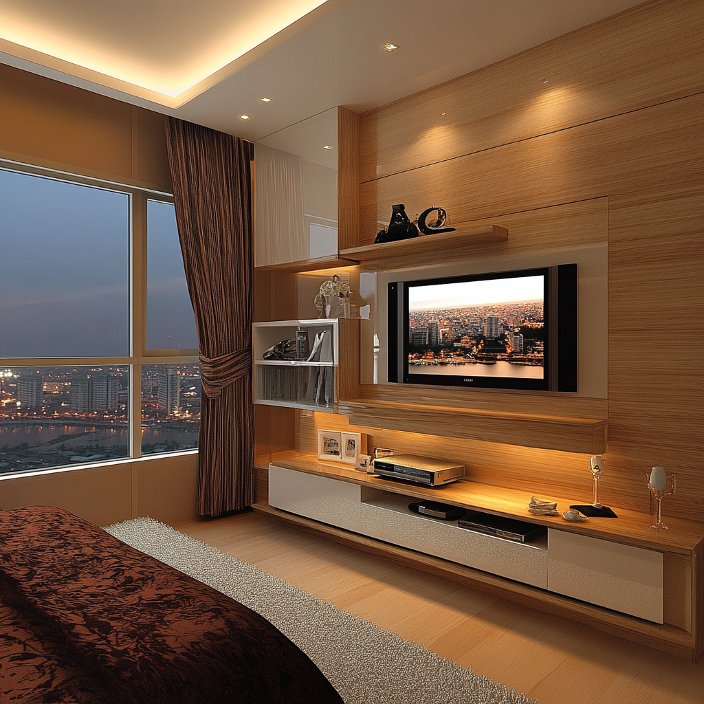 Stylish modern TV cabinet design for small Indian bedroom