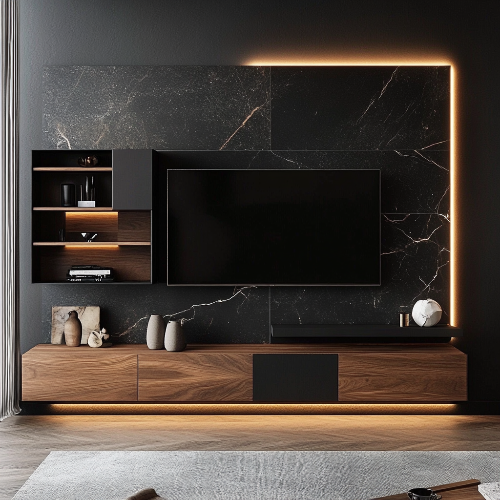 Dark marble TV unit design for Indian modern master bedroom