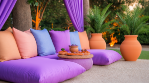 Vibrant Holi home decoration ideas with colorful cushions and pots