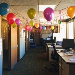 Colorful Holi decoration ideas for office with balloons and streamers