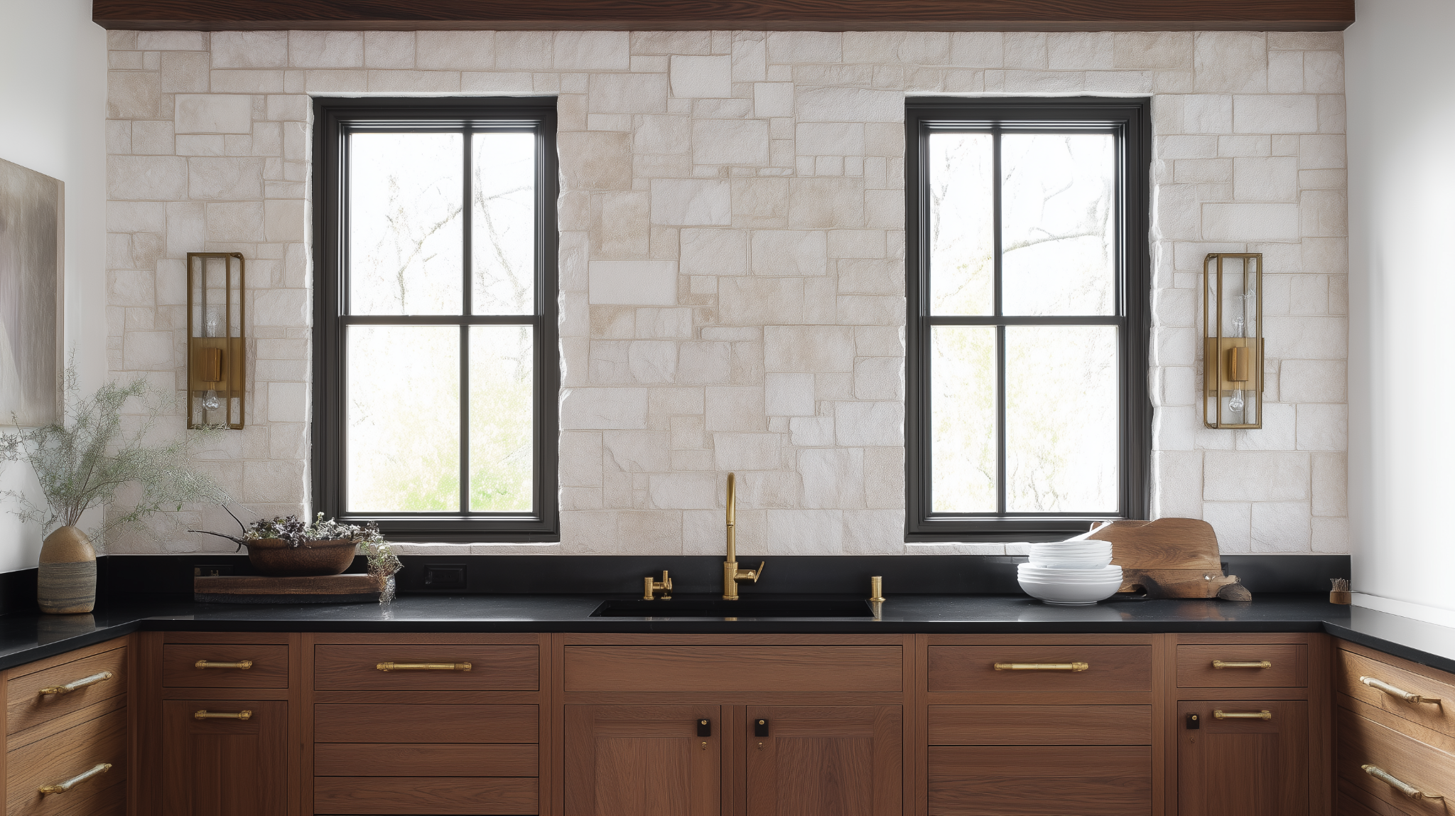 Low cost simple kitchen design with wood cabinets and stone backsplash 