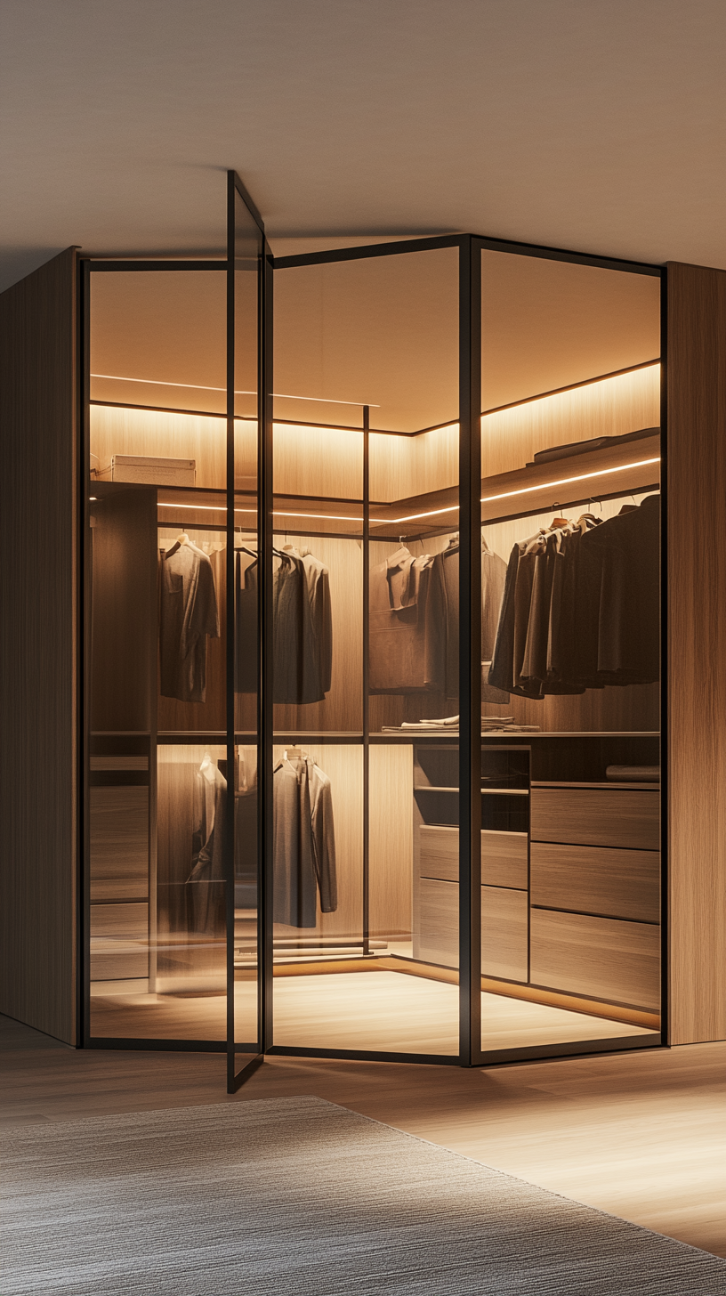 Modern glass wardrobe design for small bedroom with space saving layout 