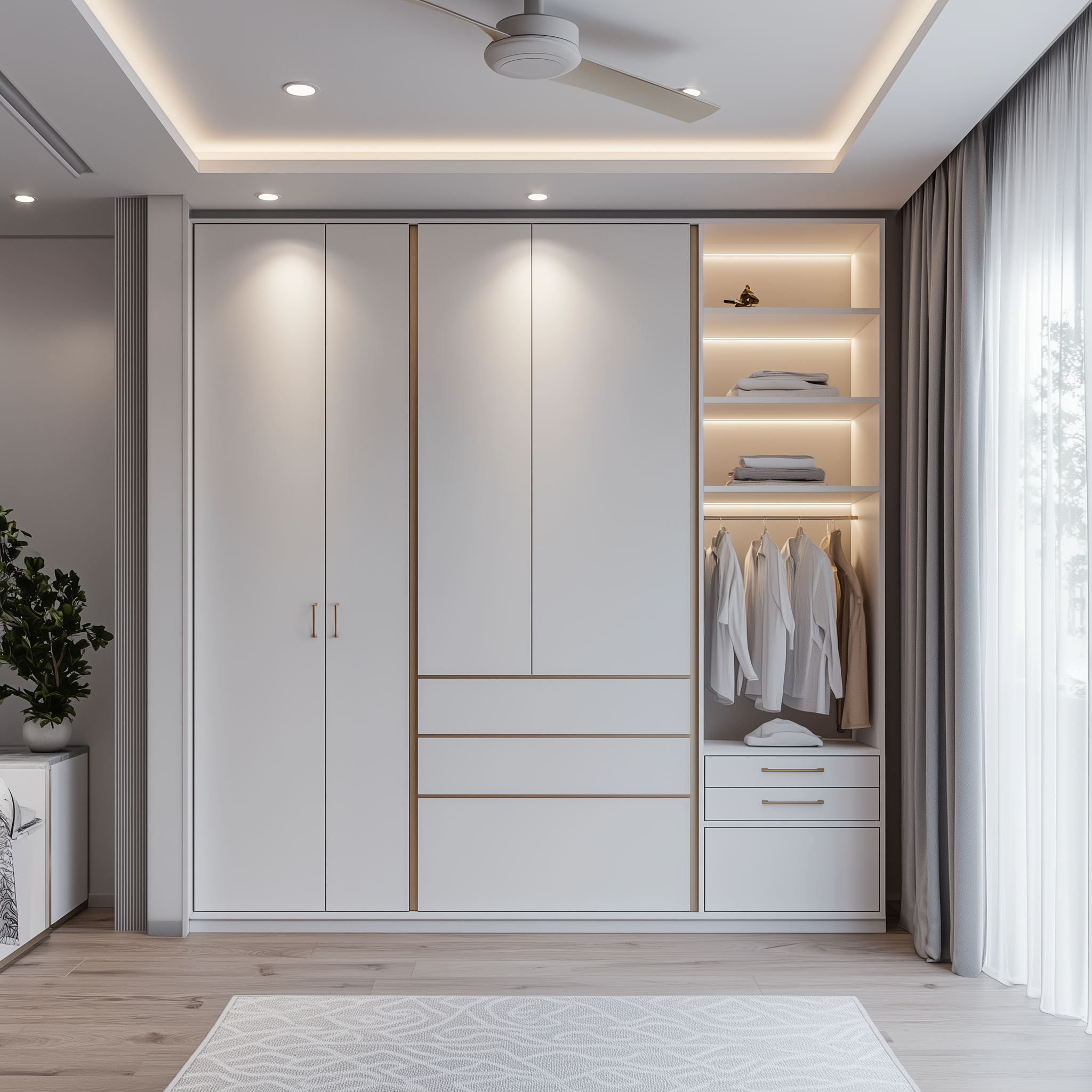 Modern wardrobe design for small bedroom with space saving shelves 
