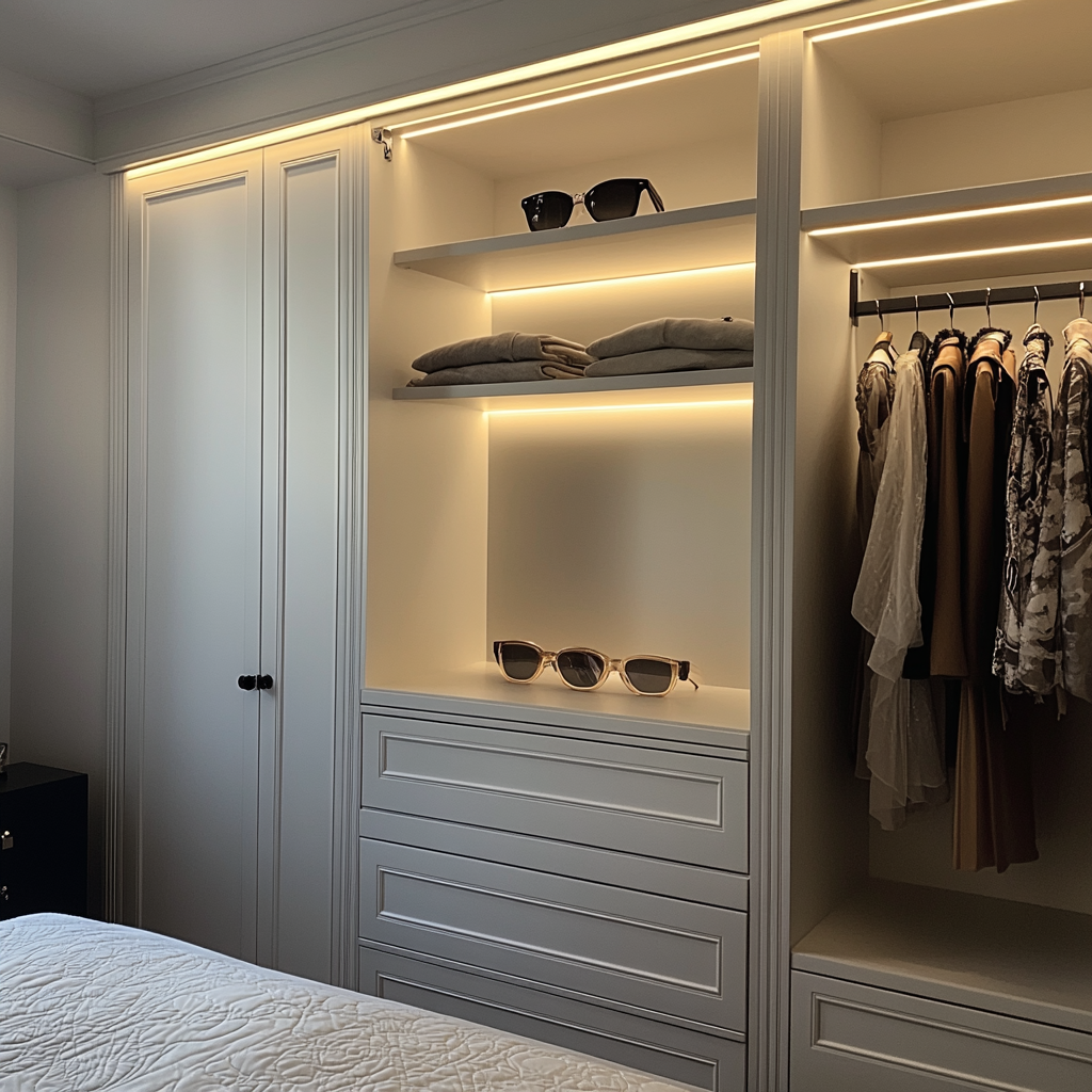 Modern wardrobe design for small bedroom with drawers and LED lighting 