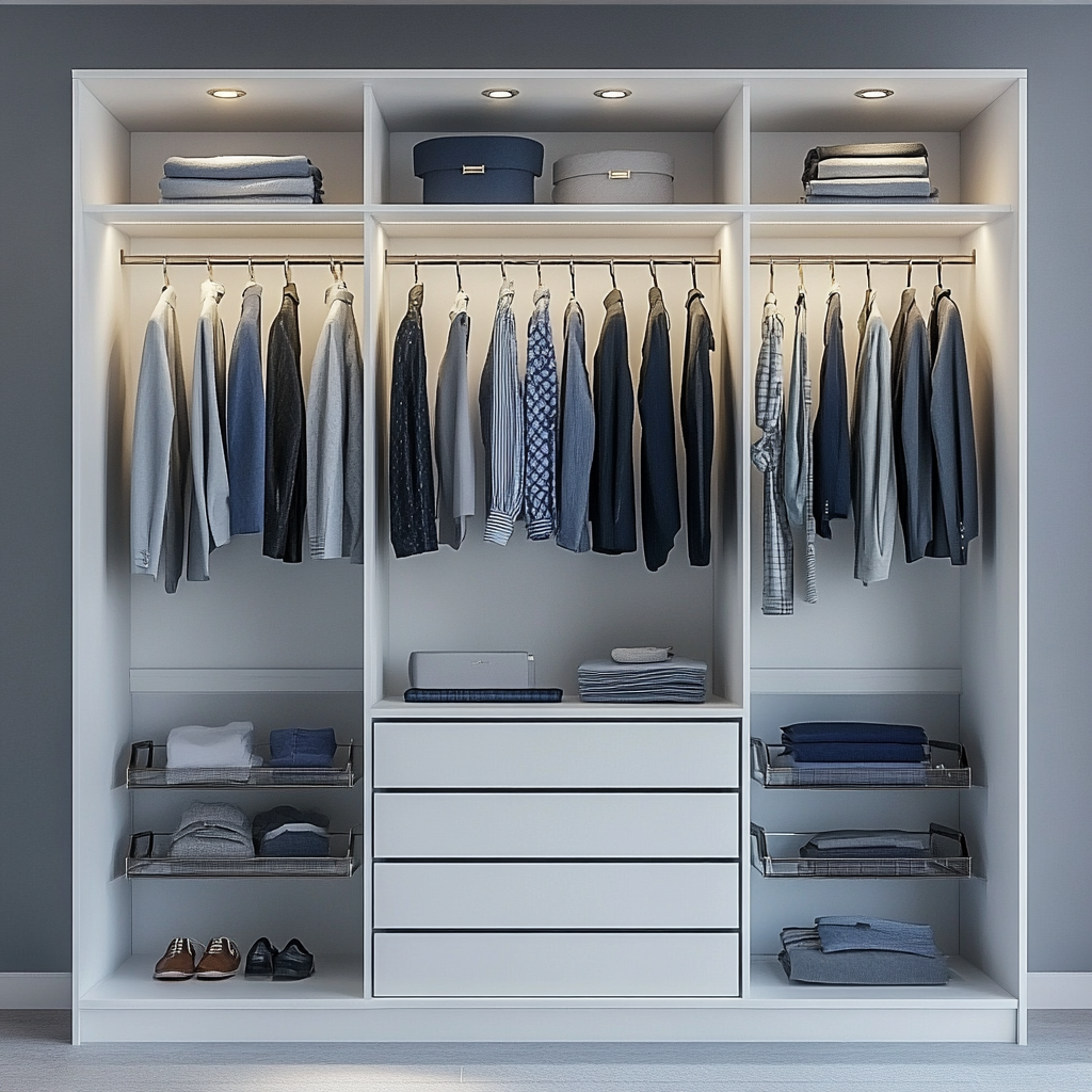 Modern white wardrobe design for small bedroom with smart storage solutions 