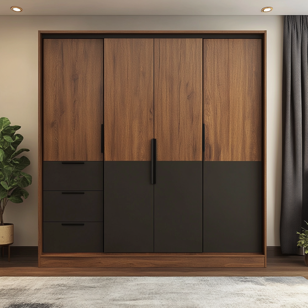 Modern wooden wardrobe design for small bedroom with space saving features 