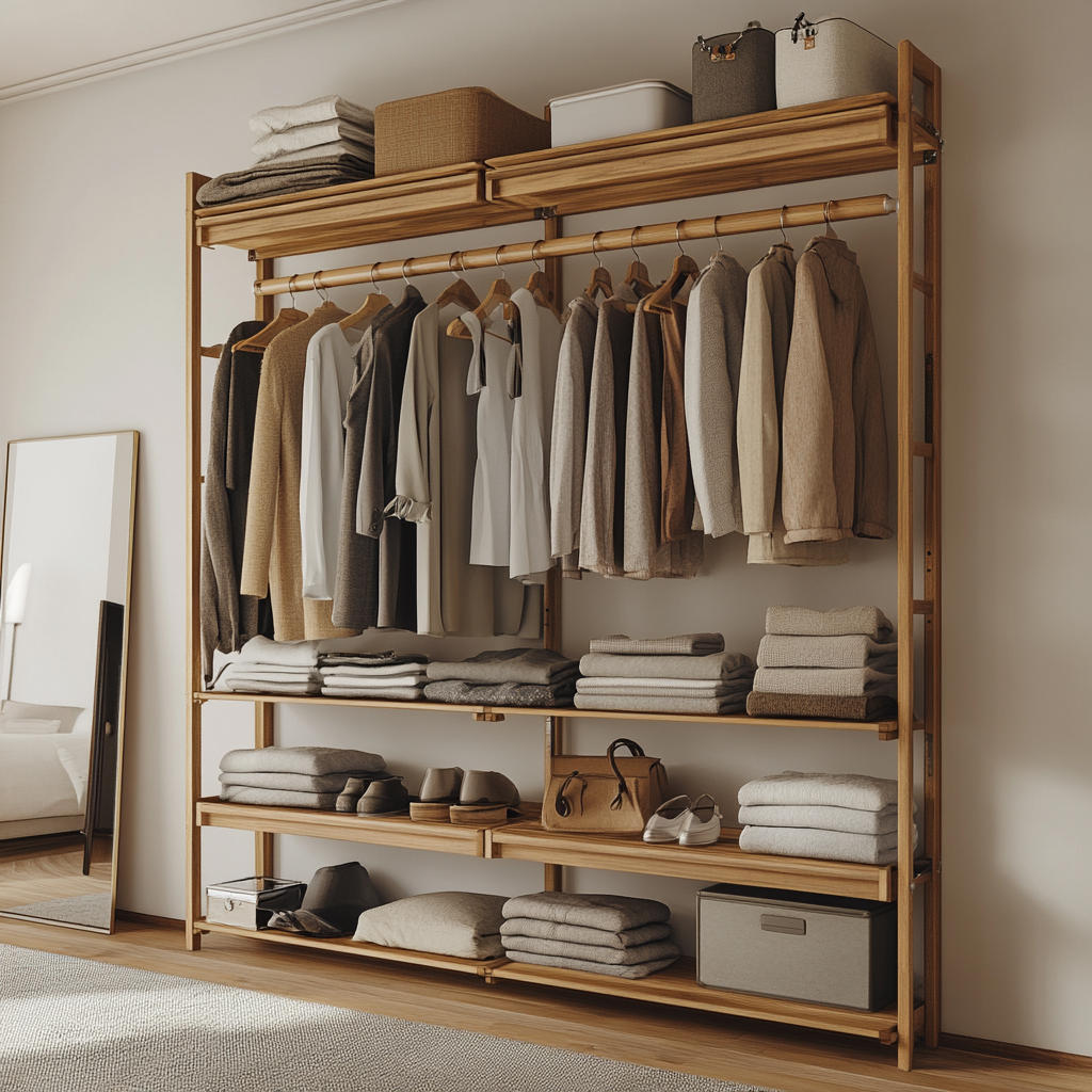 Open wooden wardrobe design for small bedroom with smart storage organization 