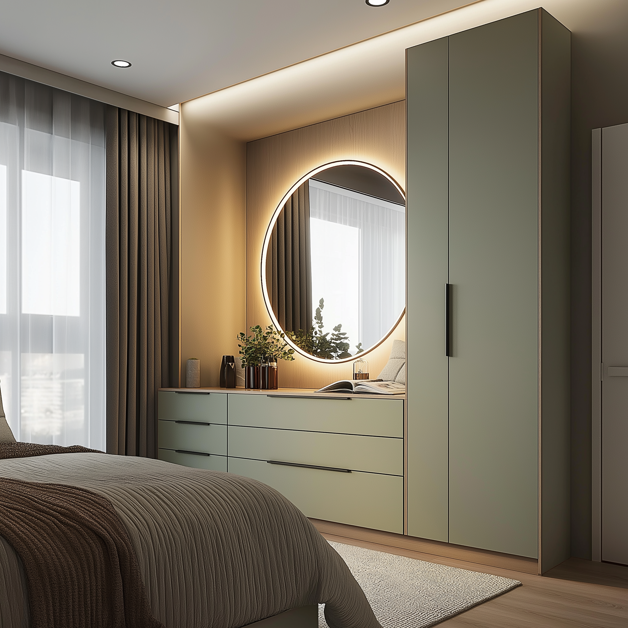Wardrobe design for small bedroom with mirror and storage drawers 