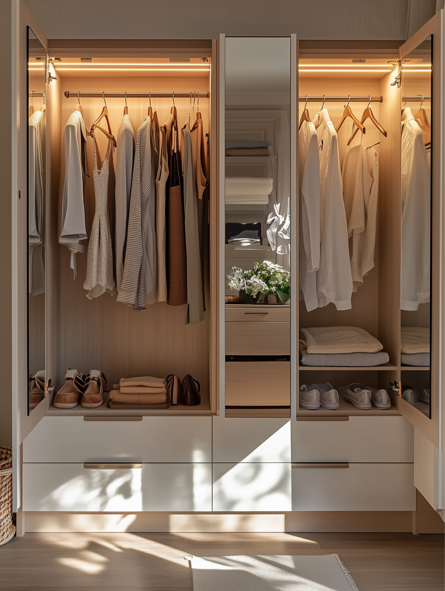 Wardrobe design for small bedroom with mirror drawers and lighting 