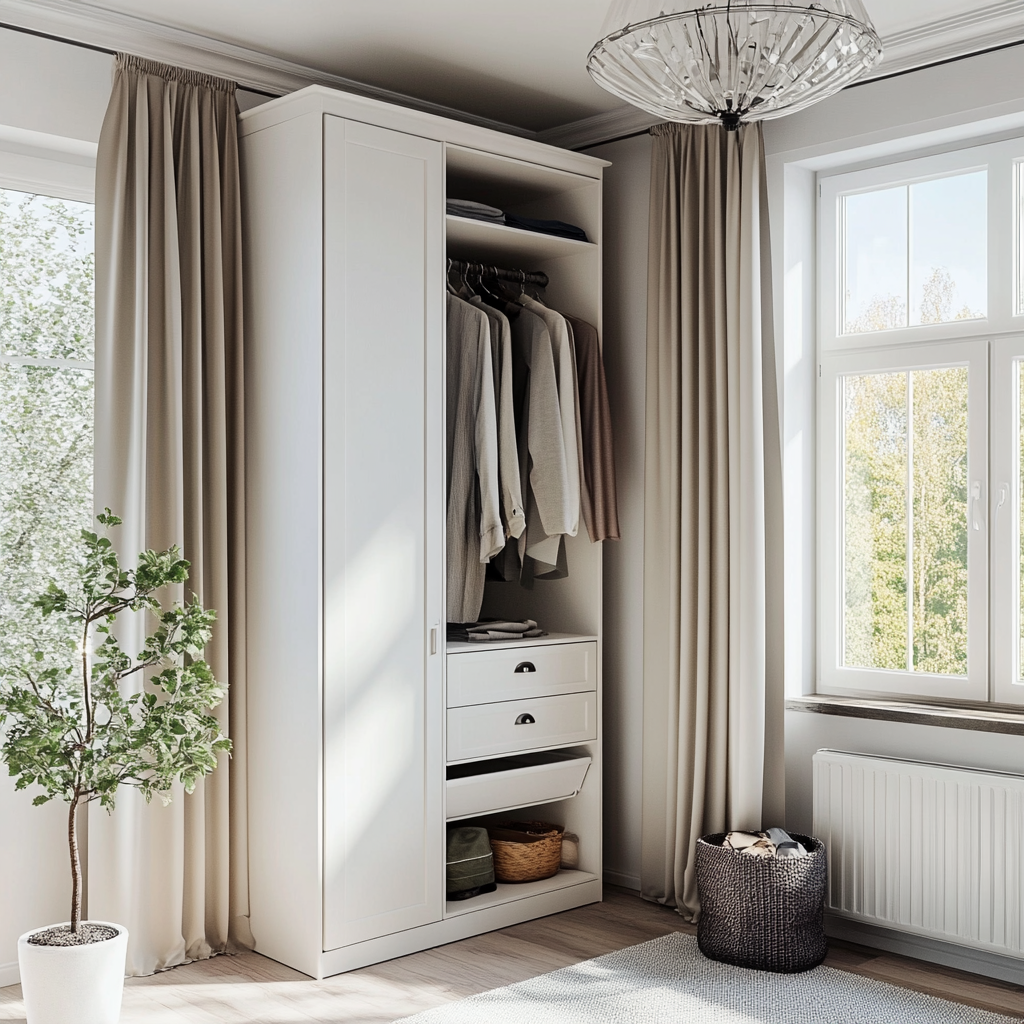 White wardrobe design for small bedroom with drawers and hanging space 
