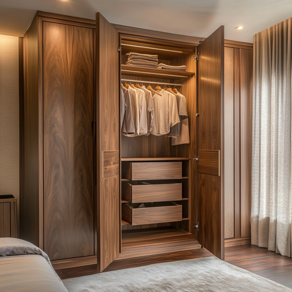 Wooden wardrobe design for small bedroom with drawers and shelves 