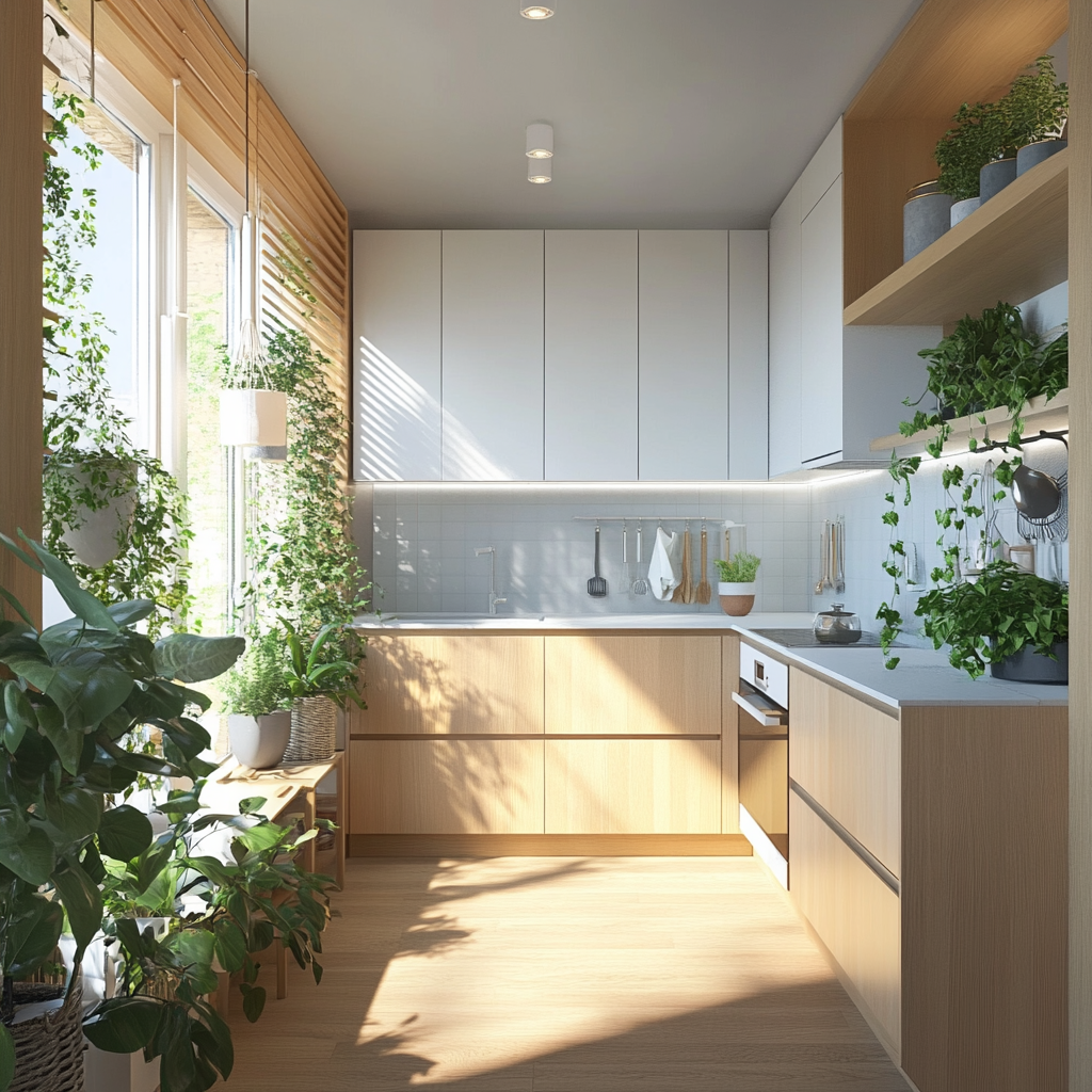 Greenery modular kitchen price design with wood finish and soft lighting defines eco-friendly