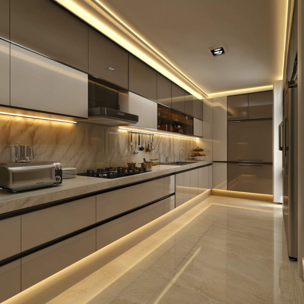 Luxury modular kitchen price layout with marble walls and ambient parallel design
