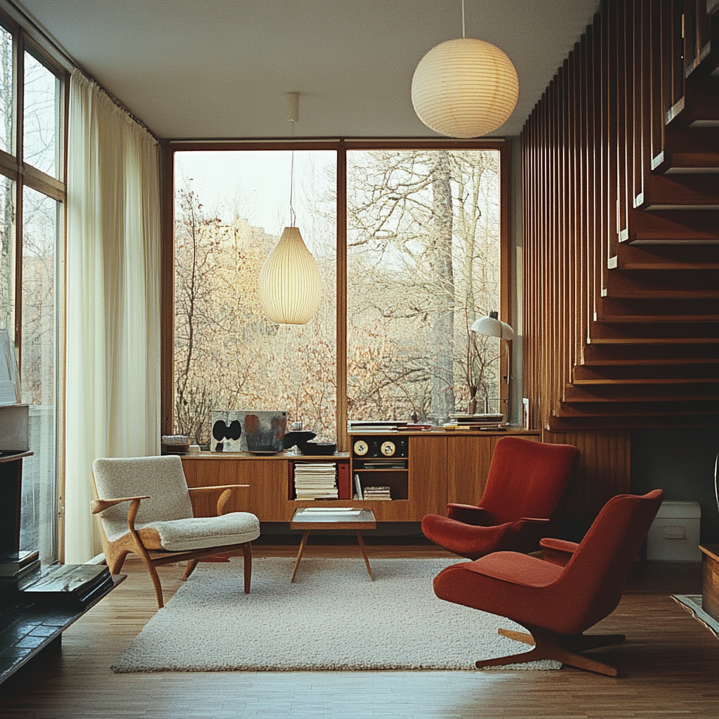 Midcentury lounge setting vintage home decor ideas with wood accents and lounge chairs