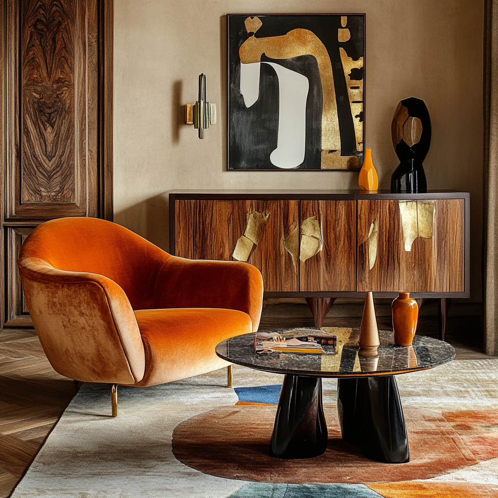 Modern retro corner vintage home decor ideas with velvet chair and abstract cabinet