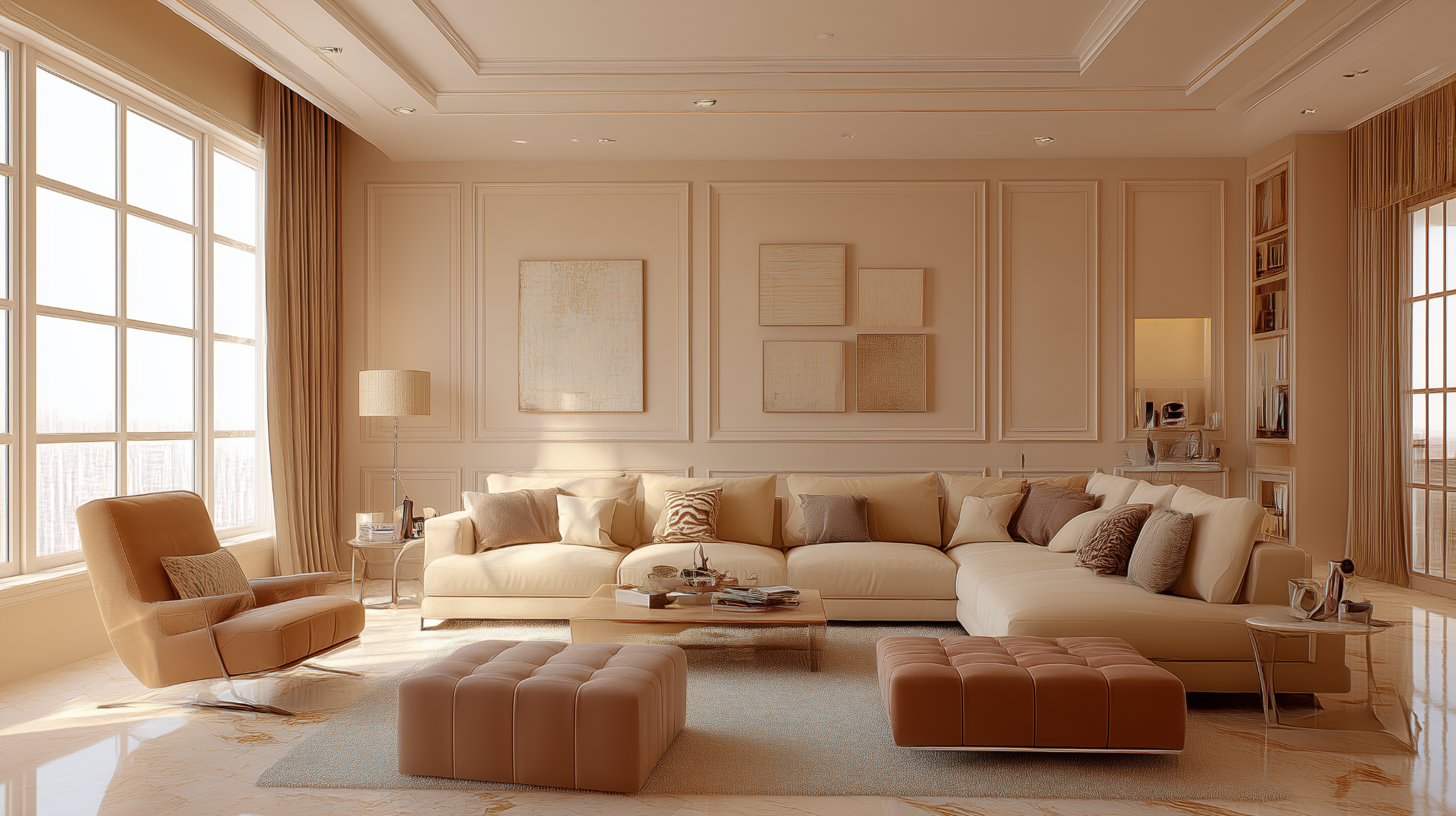 Modern monochromatic interior design living room in beige 