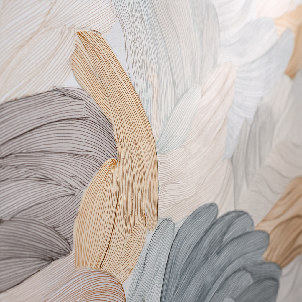 Artistic wall with textured wall finishes in layered hand painted brush pattern