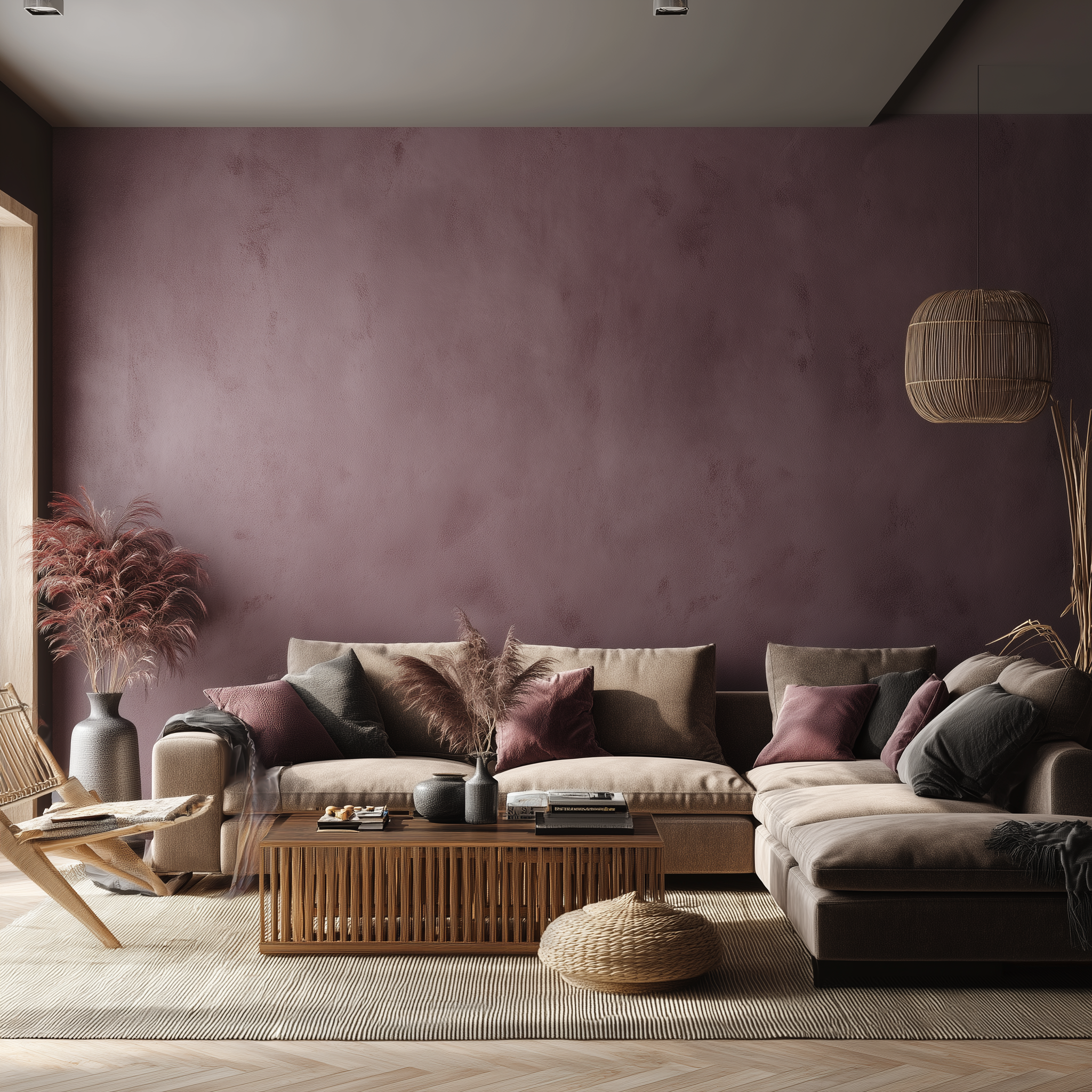 Decorative textured wall finishes behind a modern sofa with earthy tones and soft styling