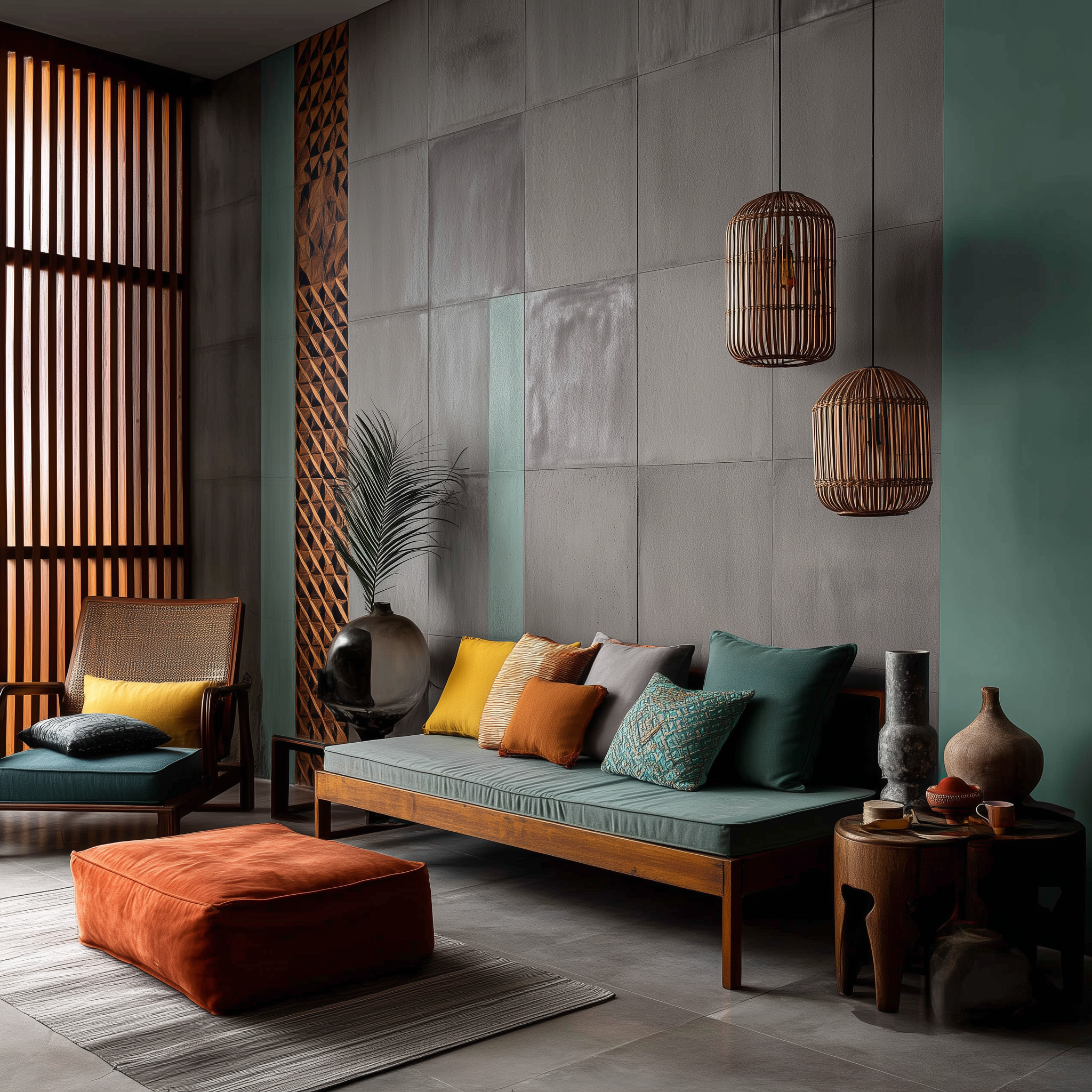 Indian living room with textured wall finishes bold cushions and wooden furniture