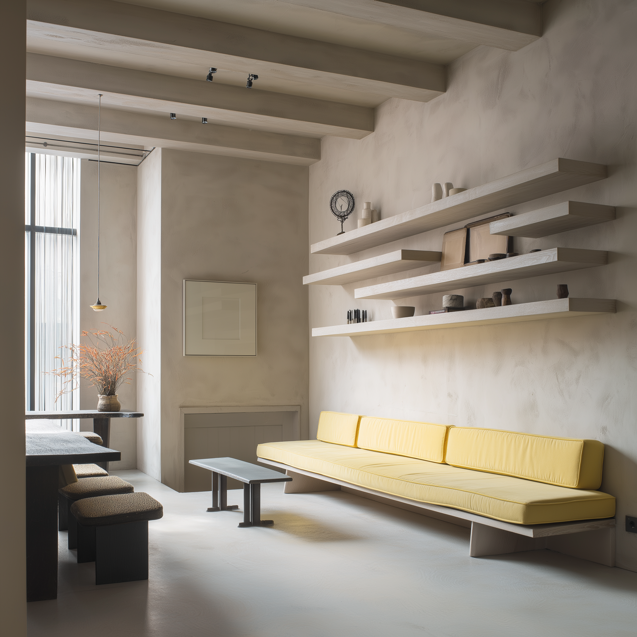 Minimalist room with textured wall finishes yellow sofa and open floating shelves