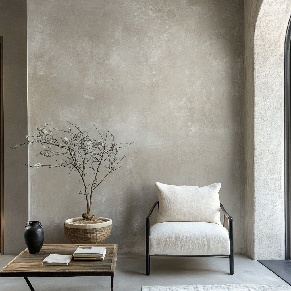 Minimal living room with textured wall finishes soft armchair and indoor plant