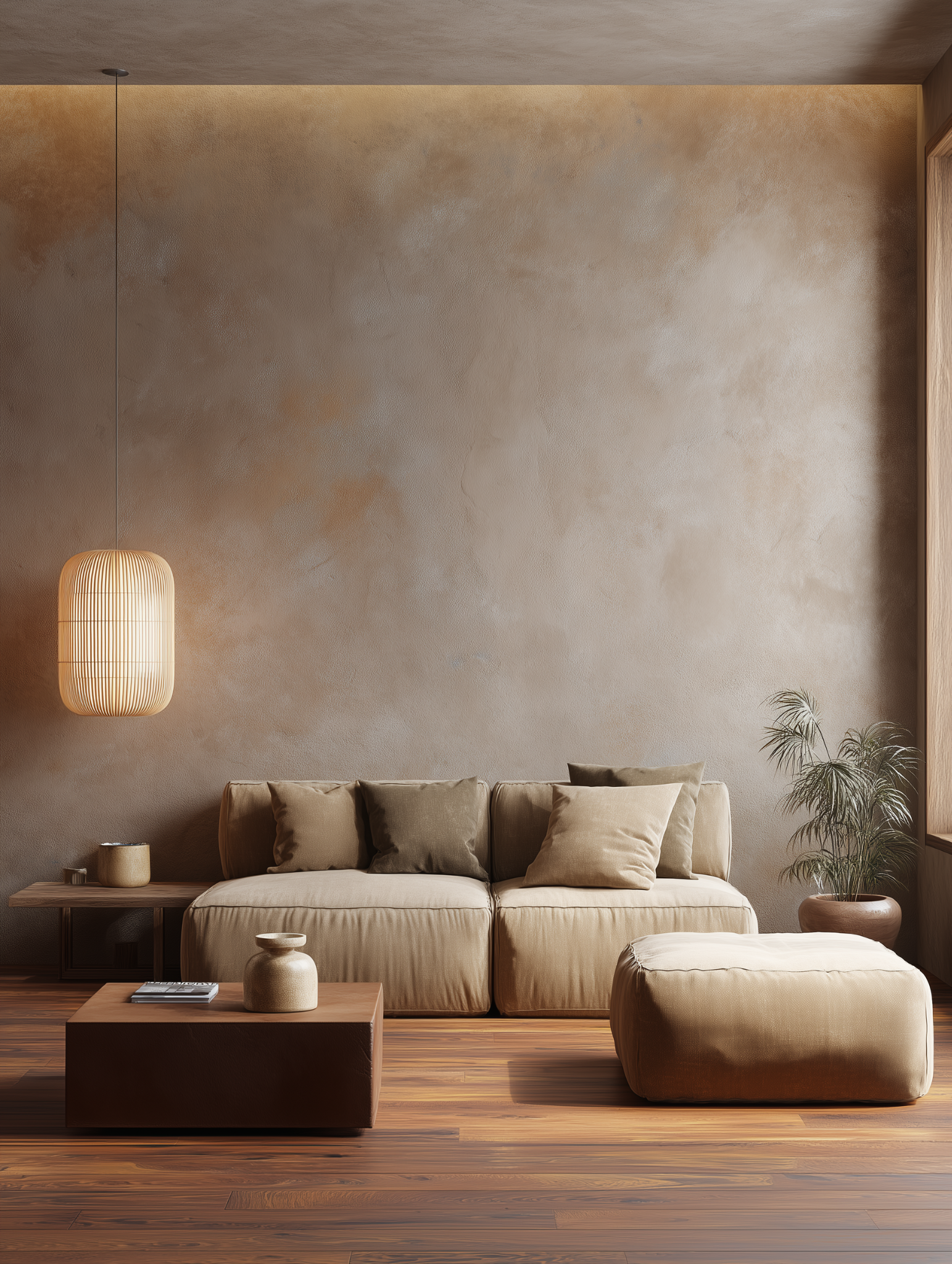 Warm living room with textured wall finishes soft lighting and earthy modern decor