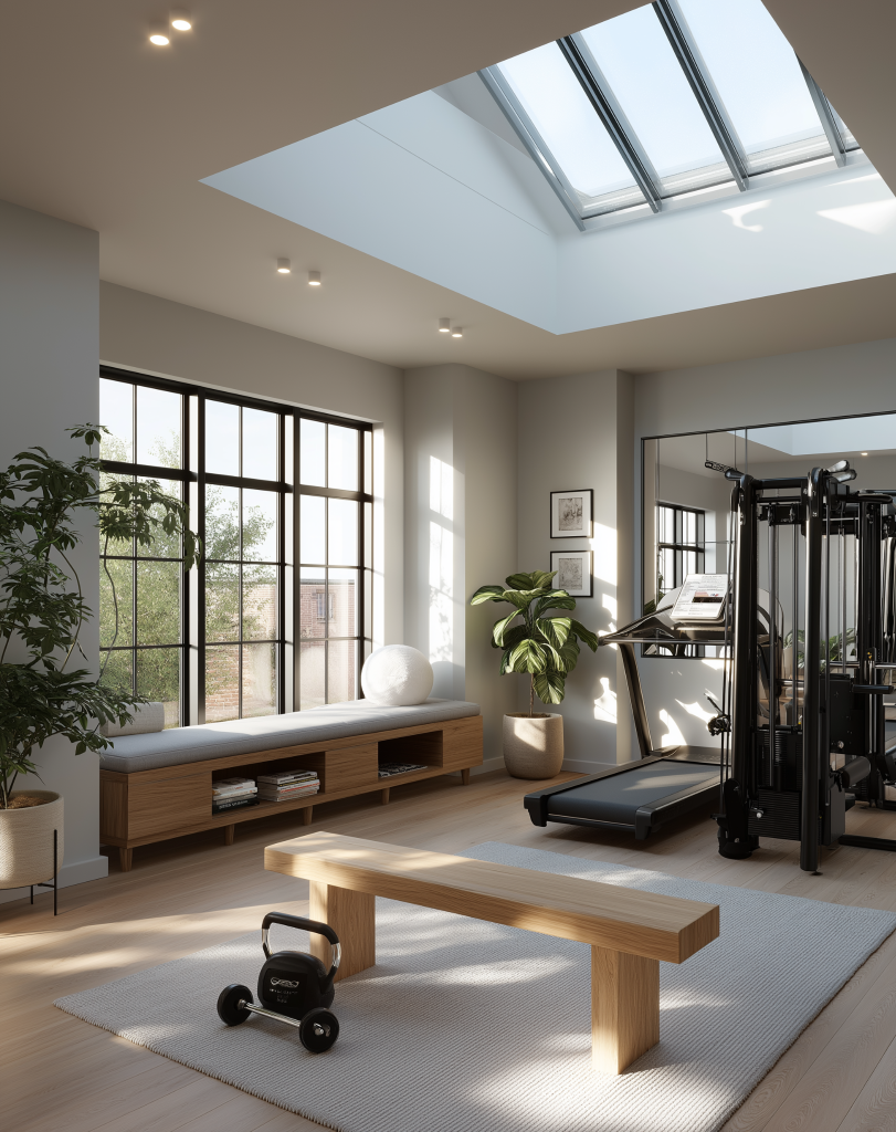 Modern workout zone with home wellness designs using light space and natural indoor energy