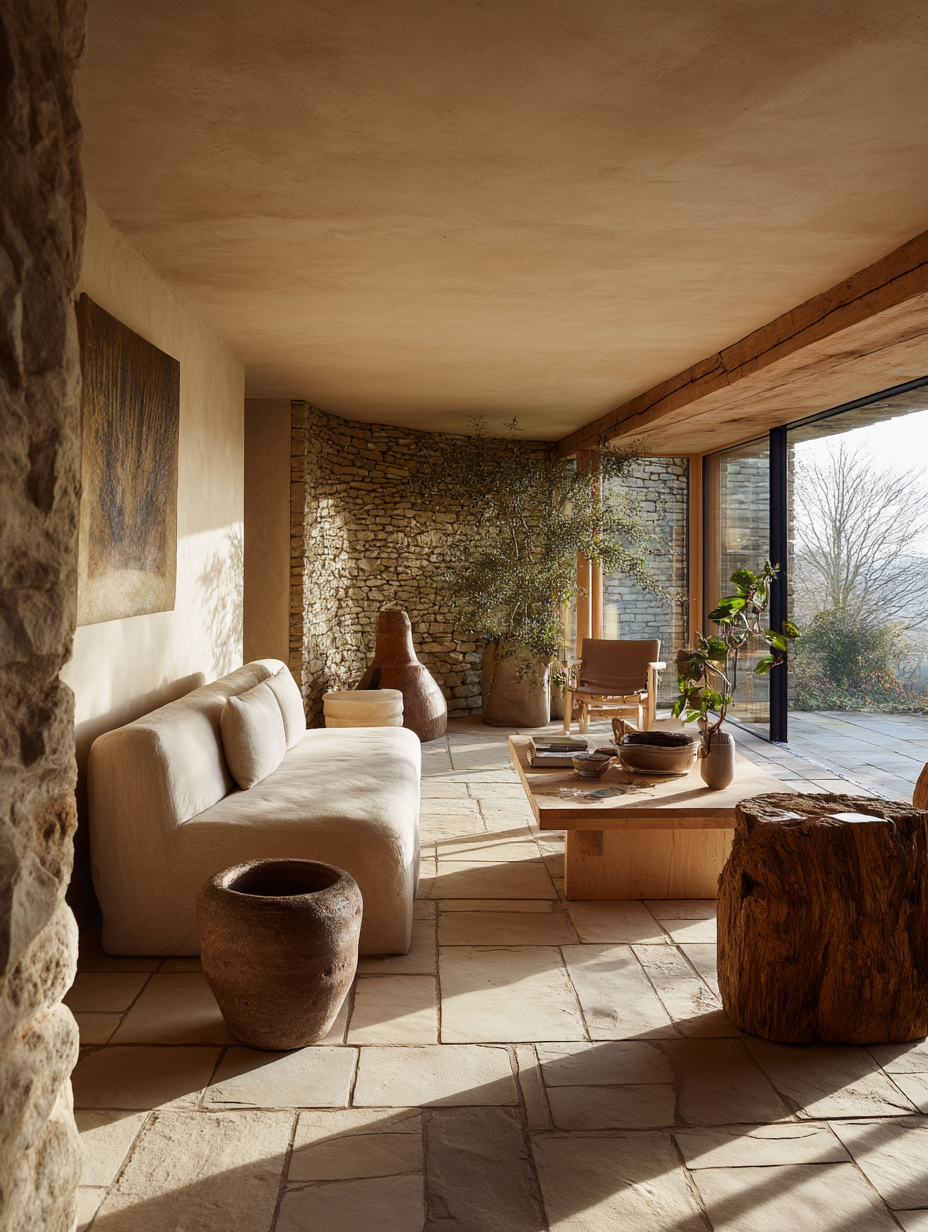 Earthy retreat with home wellness designs using stone textures soft light and organic elements